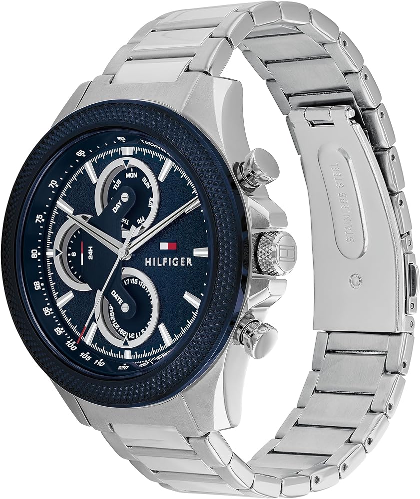 Side angle view of Tommy Hilfiger Clark watch showing blue dial and silver steel bracelet