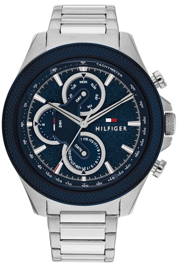 Tommy Hilfiger Clark chronograph watch with blue dial and silver steel bracelet