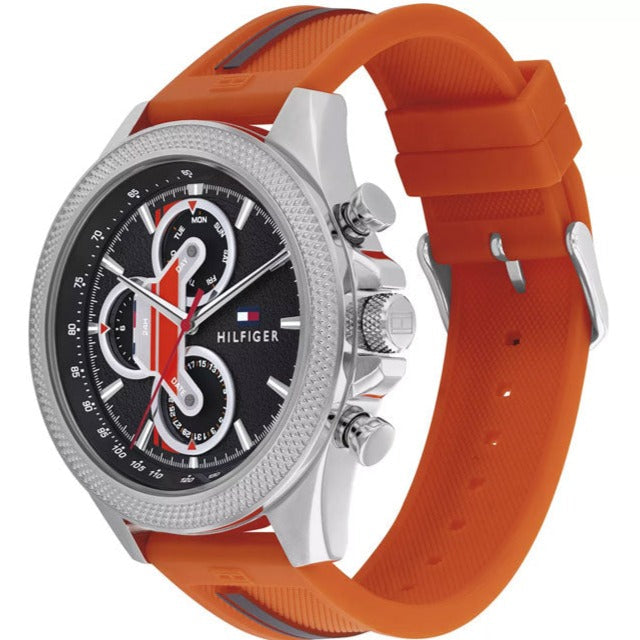 Tommy Hilfiger Clark watch 46mm case shown at angle with orange rubber strap detail