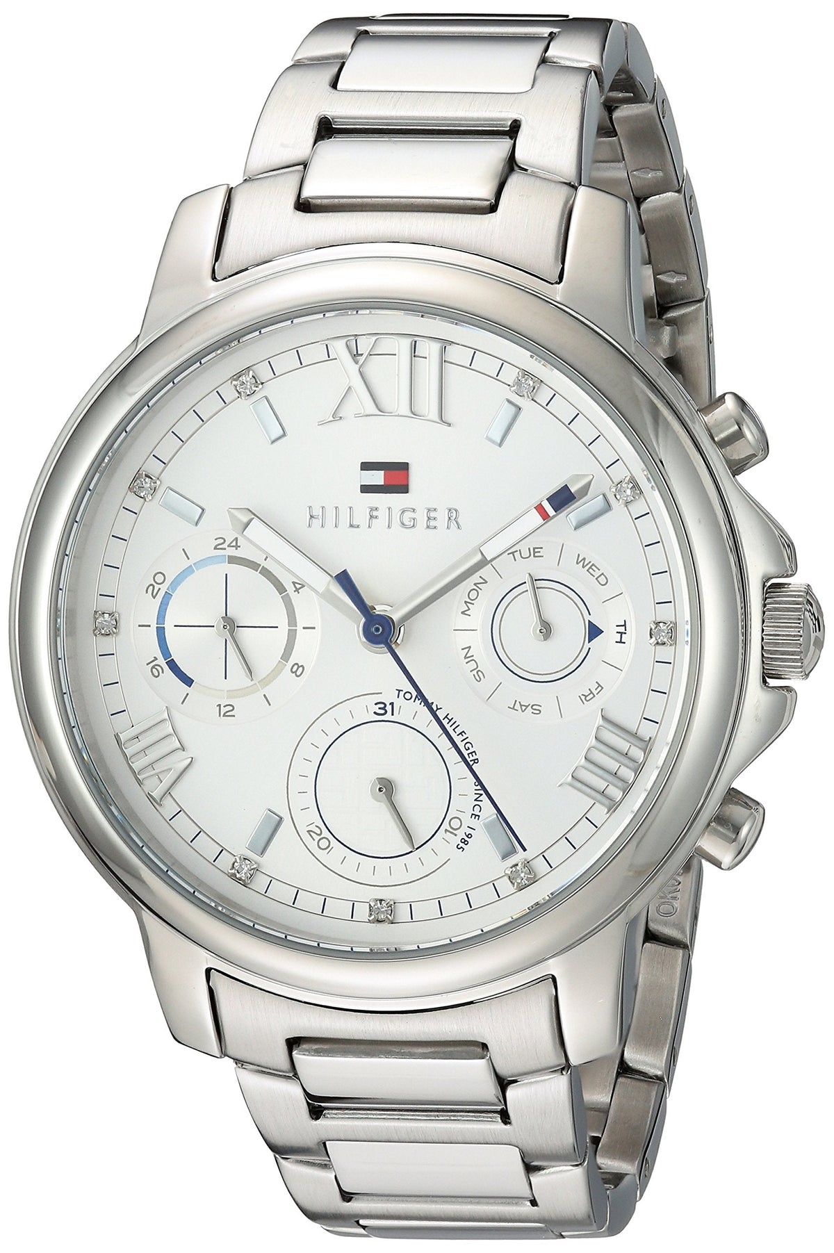 Tommy Hilfiger Claudia chronograph watch angled view showing silver steel bracelet