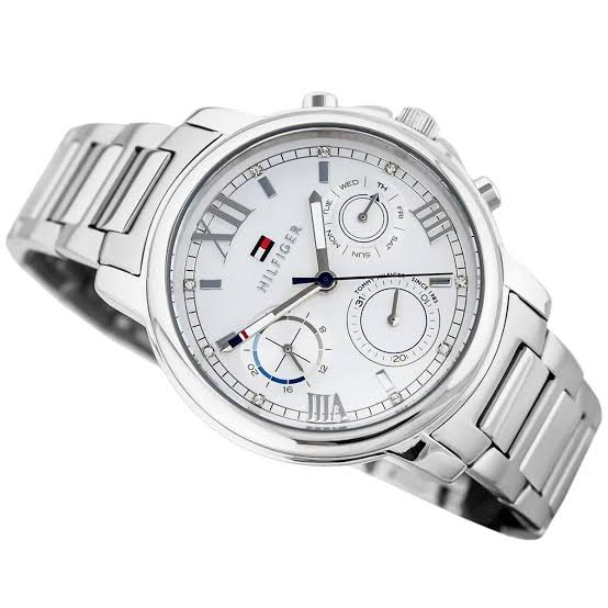 Tommy Hilfiger Claudia chronograph watch side view with silver steel band