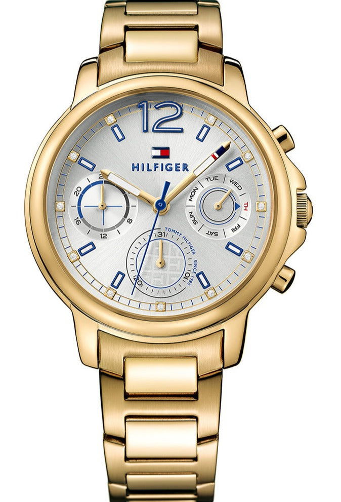 Tommy Hilfiger Claudia gold chronograph women's watch with white dial and blue numerals