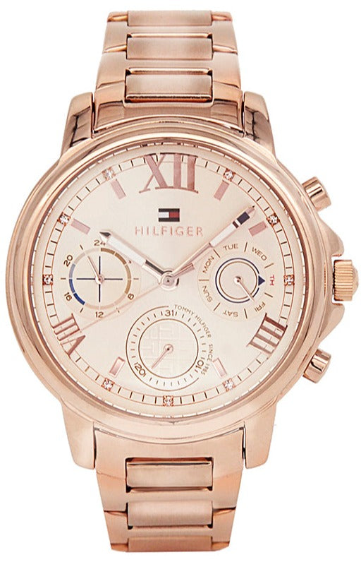 Tommy Hilfiger Claudia ladies watch with rose gold case, cream dial, Roman numerals and chronograph subdials