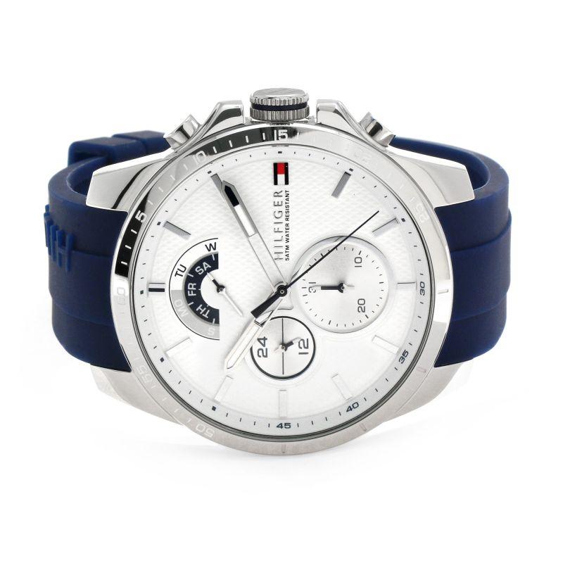 Tommy Hilfiger Cool Sport chronograph watch angled view showing white dial and blue strap