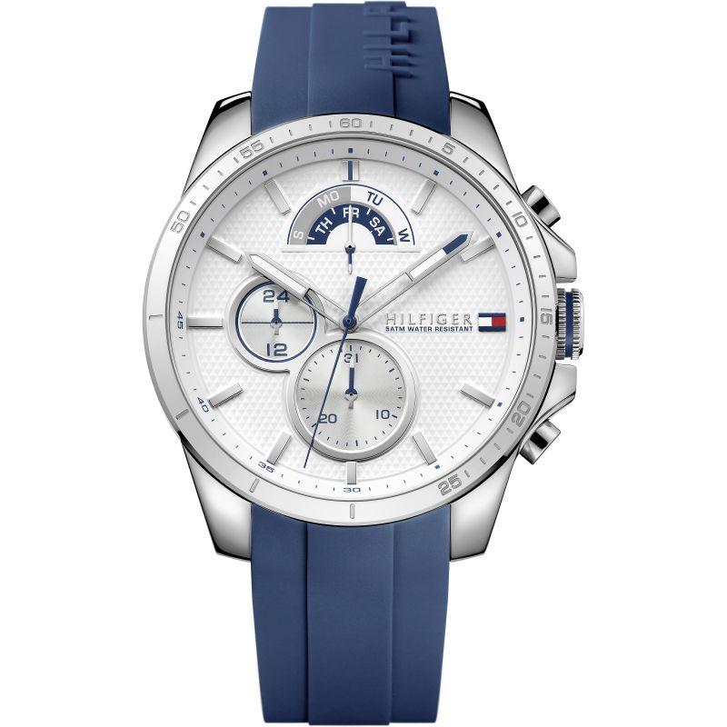 Tommy Hilfiger Cool Sport men's chronograph watch with white dial and blue rubber strap