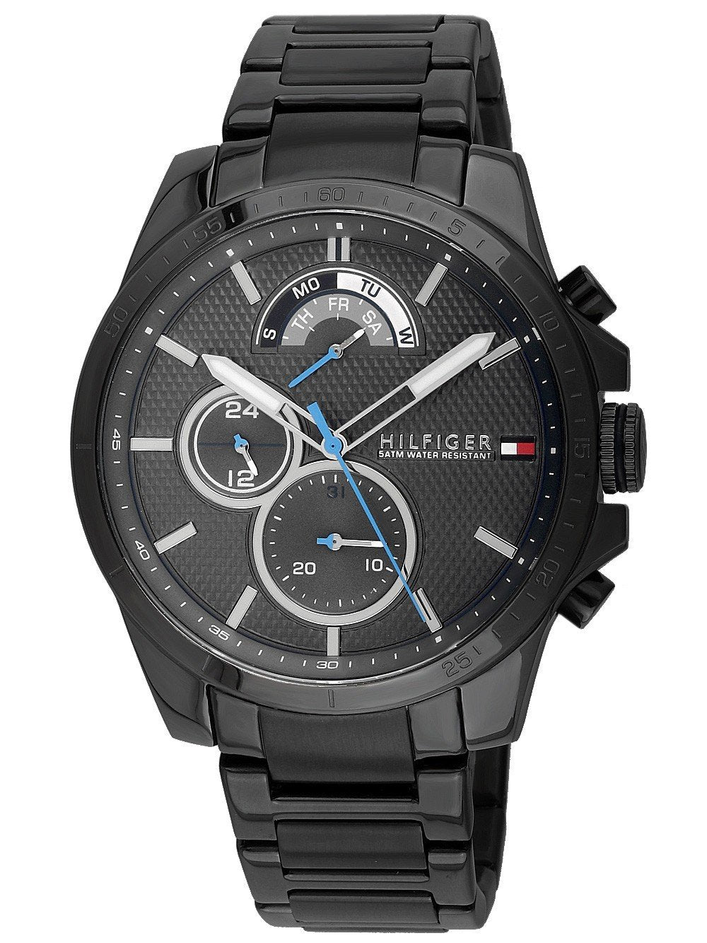 Angled view of Tommy Hilfiger Cool Sports gun metal men's watch with stainless steel bracelet