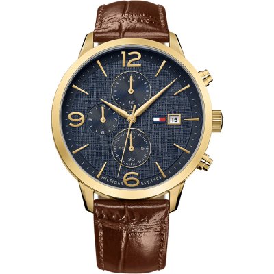 Tommy Hilfiger Cooper gold men's watch with navy chronograph dial and brown leather strap