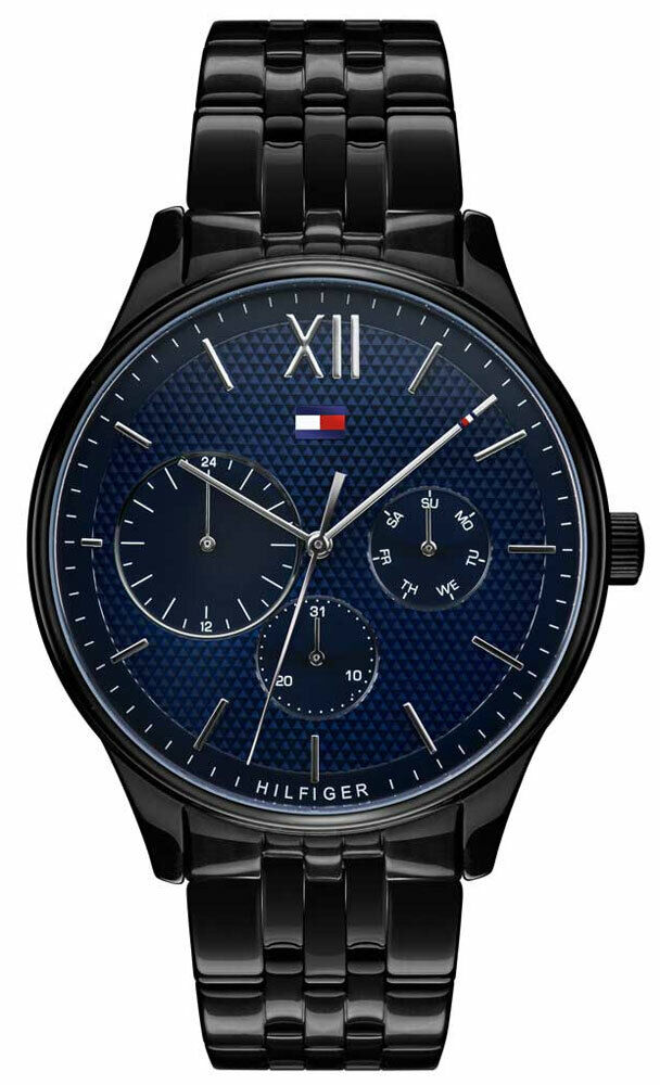 Tommy Hilfiger Damon chronograph watch with blue dial, black case, and black steel bracelet
