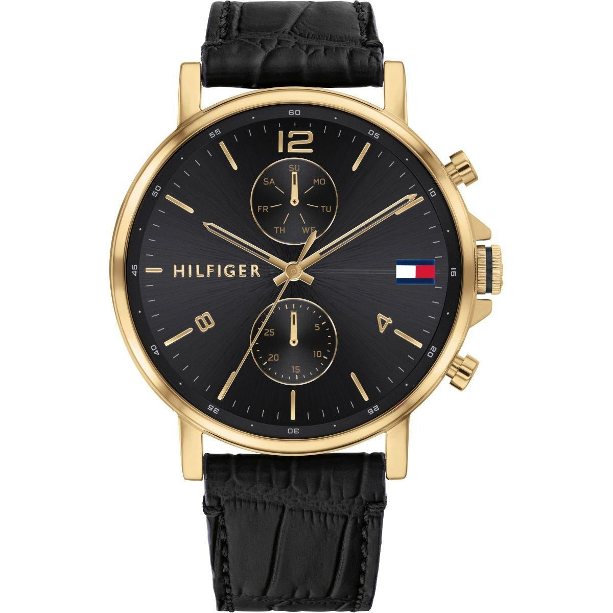 Tommy Hilfiger Daniel 1710417 chronograph watch with gold case, black dial, and crocodile-textured leather strap