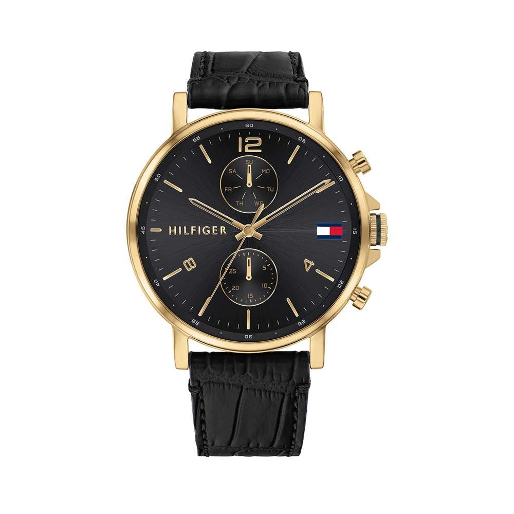 Tommy Hilfiger Daniel 1710417 quartz chronograph with gold-plated case and black leather strap