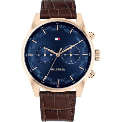 Tommy Hilfiger Daniel silver rose gold watch with blue chronograph dial and brown leather strap
