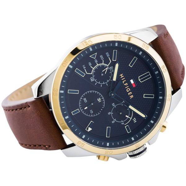 Angled view of Tommy Hilfiger Decker chronograph watch showing case and leather strap