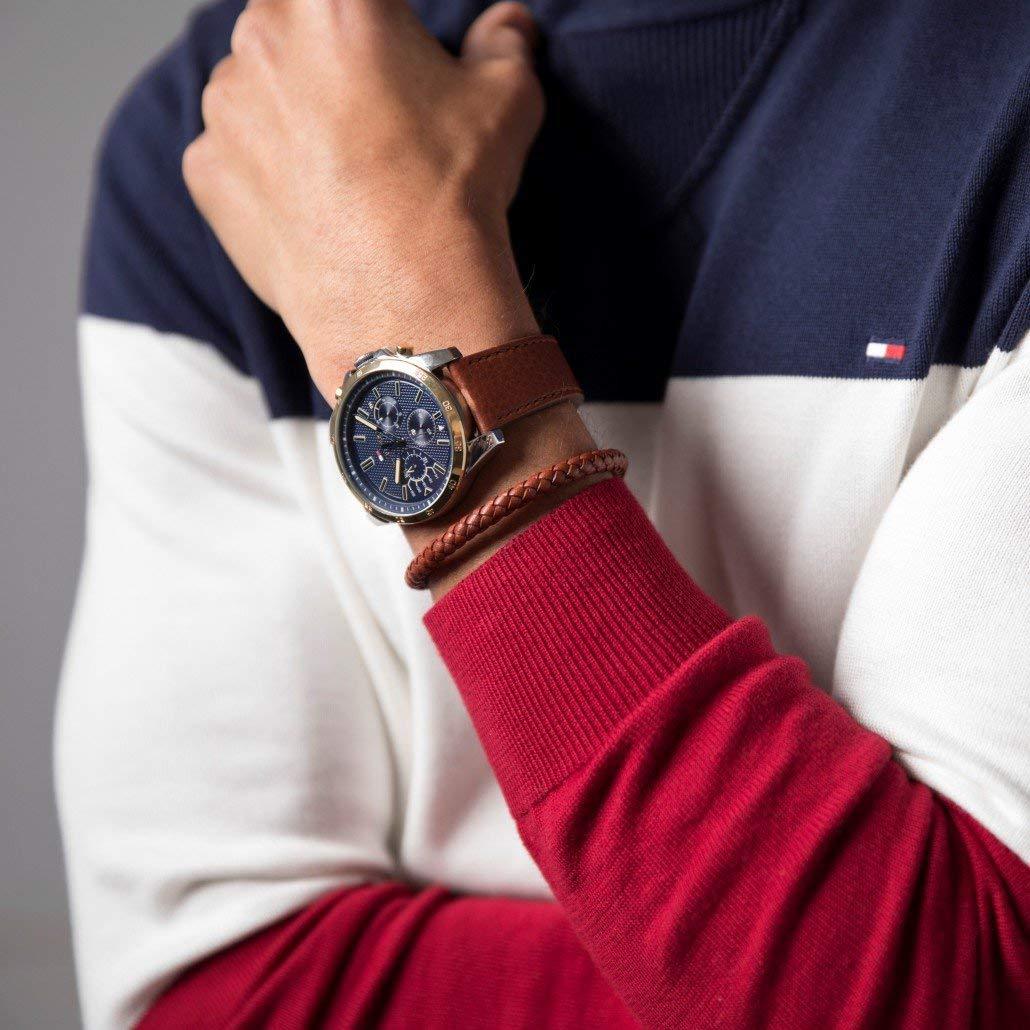 Tommy Hilfiger Decker chronograph watch worn on wrist with brown leather strap