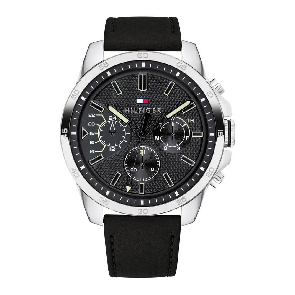 Tommy Hilfiger Decker chronograph watch with black dial, silver case, and black strap