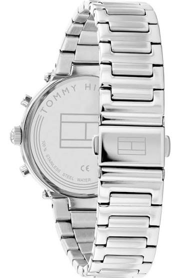 Tommy Hilfiger Emery watch side profile showing silver stainless steel bracelet and case