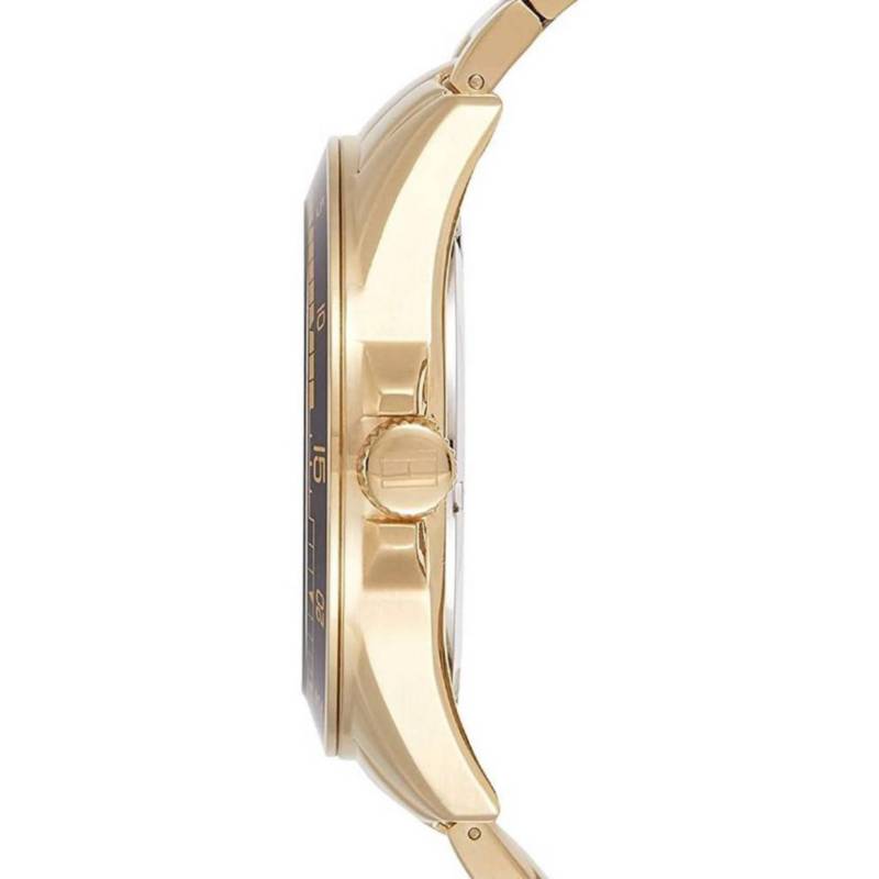 Tommy Hilfiger Erik watch side view with gold-tone steel case and crown detail