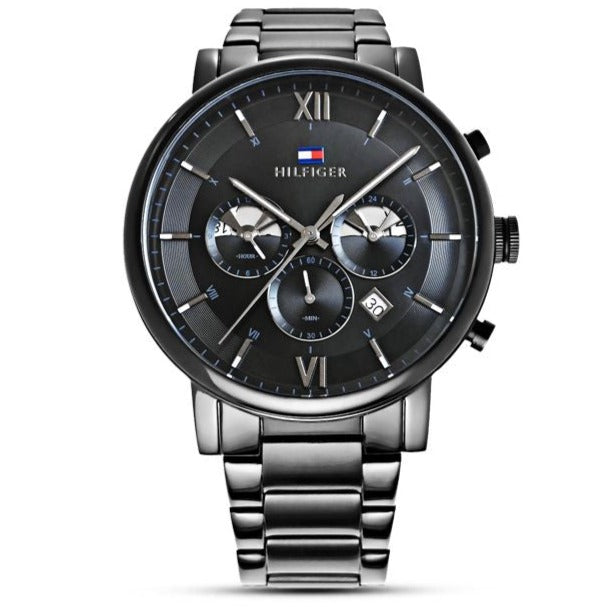 Tommy Hilfiger EVAN chronograph watch three-quarter view showing steel link bracelet and black dial