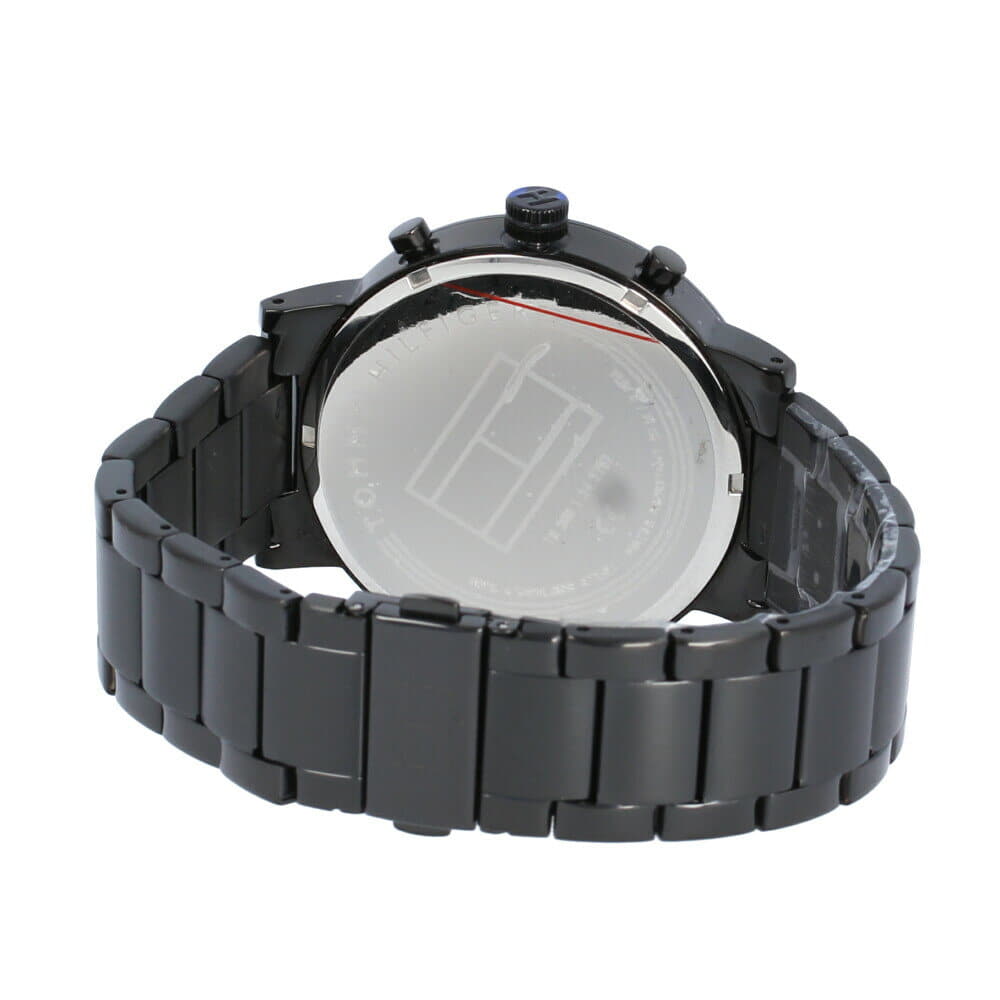 Tommy Hilfiger EVAN watch case back showing water resistance and steel bracelet