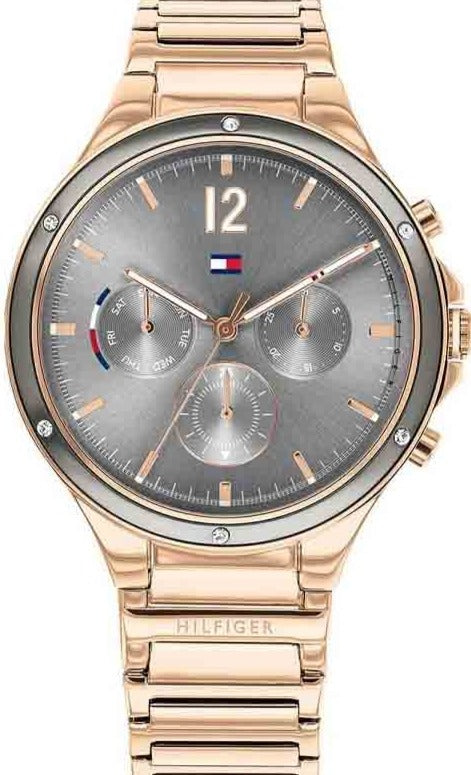 Tommy Hilfiger Eve 38mm rose gold-tone ladies watch with grey chronograph dial and metal bracelet