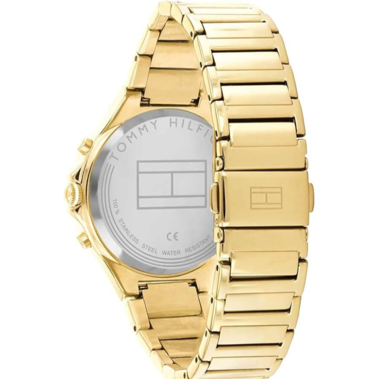 Tommy Hilfiger Eve watch caseback showing gold-tone case back with Tommy Hilfiger branding