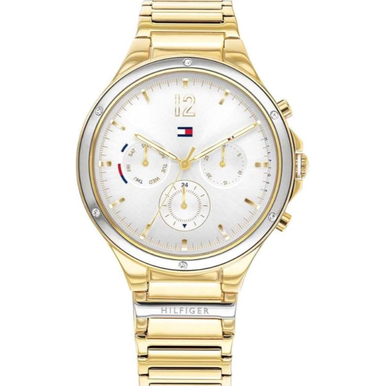 Tommy Hilfiger Eve women's chronograph watch with gold case, white dial, and multi-function subdials