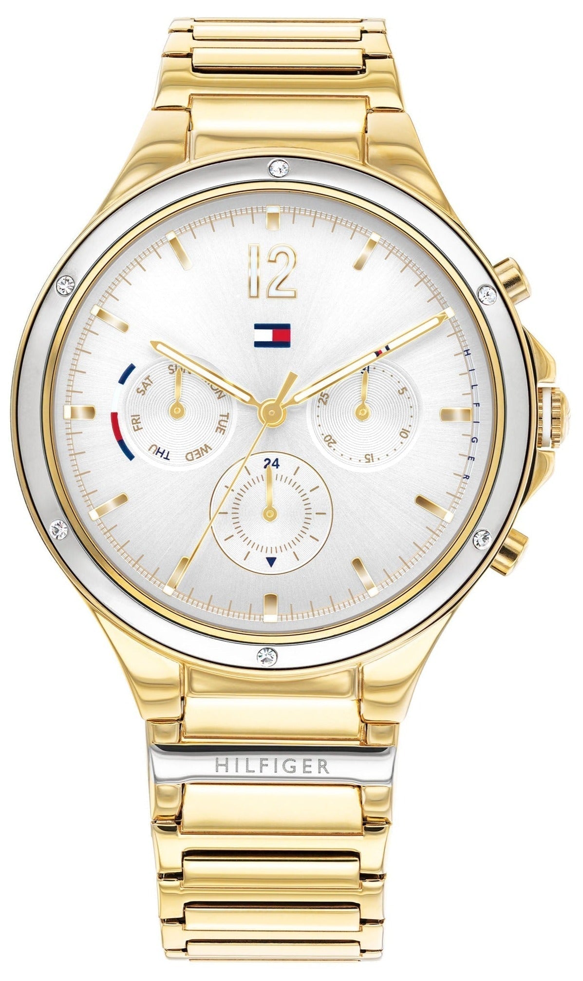 Tommy Hilfiger Eve gold-tone women's watch with white multi-dial face and gold bracelet