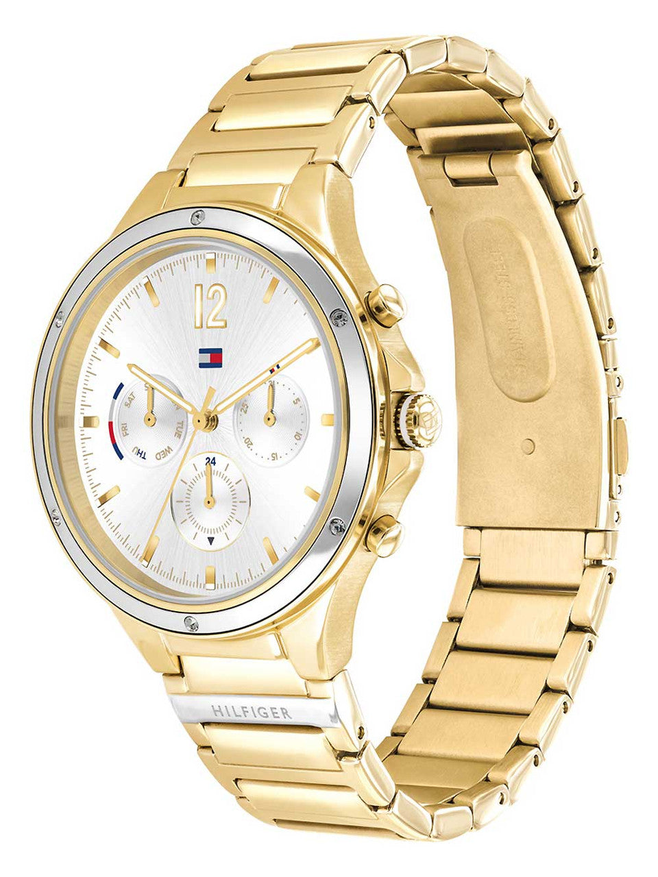 Side view of Tommy Hilfiger Eve women's watch showing gold-tone case and link bracelet