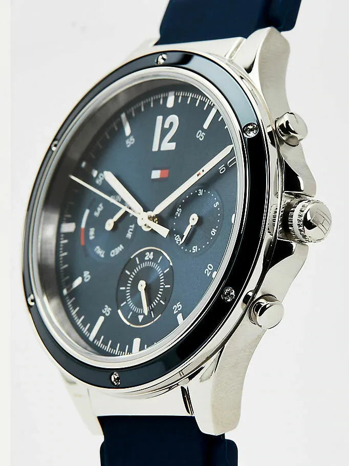 Side angle view of Tommy Hilfiger Eve chronograph with navy rubber strap
