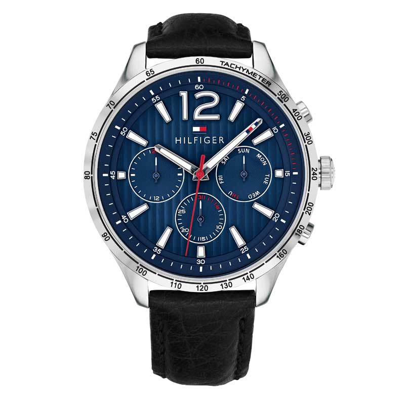 Tommy Hilfiger Gavin chronograph watch with blue dial, silver case and black leather strap
