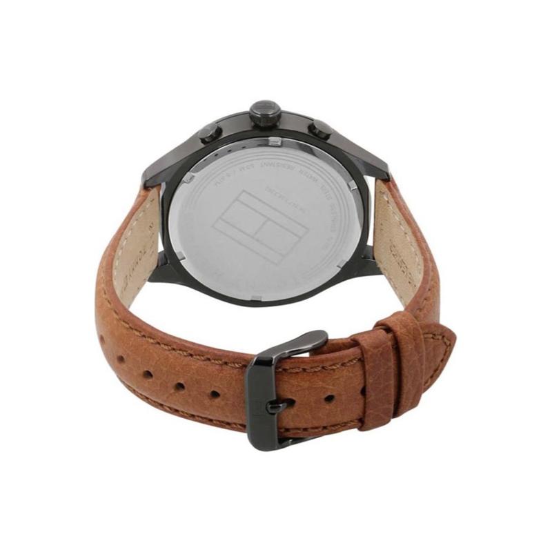 Tommy Hilfiger Gavin watch caseback showing stainless steel back with tan leather strap