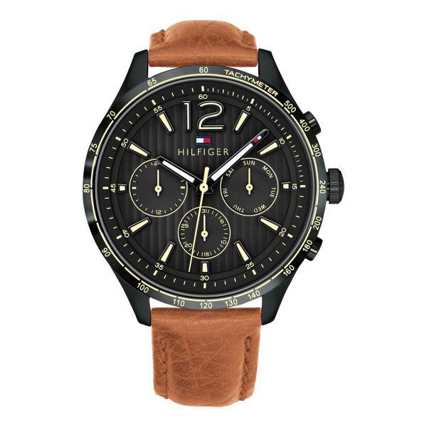Tommy Hilfiger Gavin chronograph watch with black dial and tan leather strap