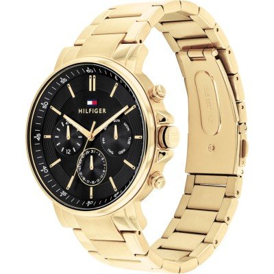Tommy Hilfiger gold chronograph watch from side angle with link bracelet