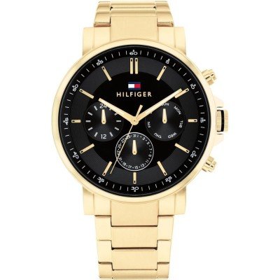 Tommy Hilfiger gold chronograph watch with black dial and gold bracelet