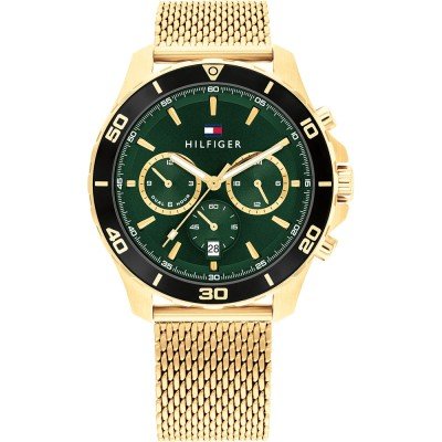 Tommy Hilfiger gold chronograph men's watch with green dial and gold mesh bracelet