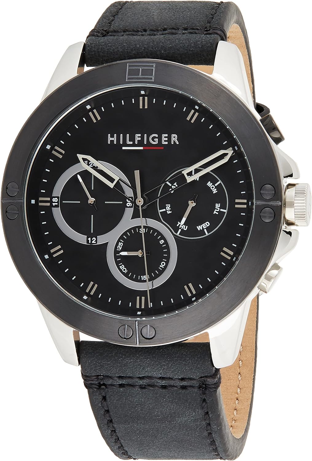 Tommy Hilfiger Harley black dial chronograph watch with silver-tone case and black leather strap