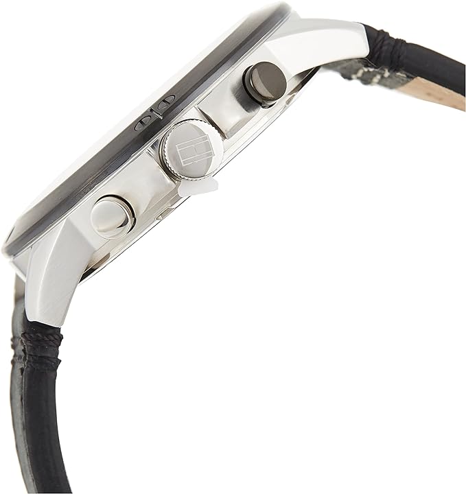 Side view of Tommy Hilfiger Harley watch showing case profile and chronograph pushers