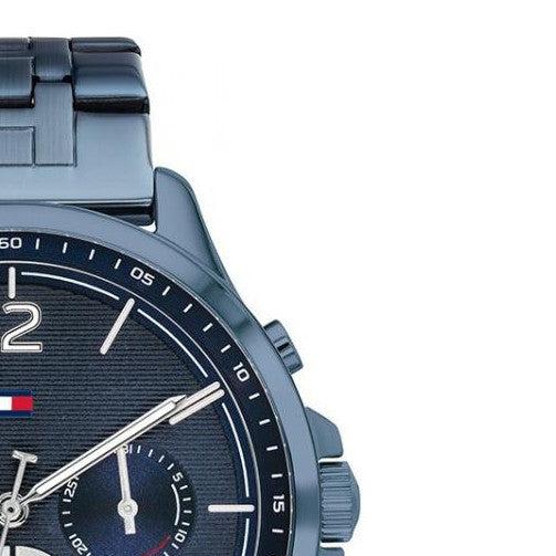 Angled view of Tommy Hilfiger Harper chronograph watch with blue steel case and bracelet