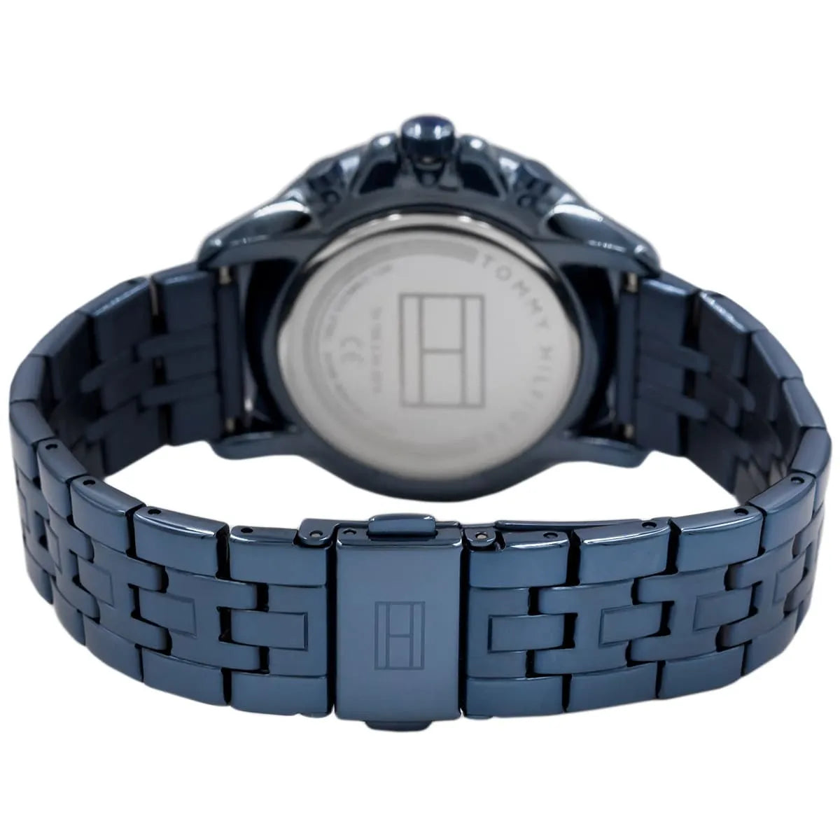 Caseback of Tommy Hilfiger Harper watch showing brushed steel case with Tommy Hilfiger logo