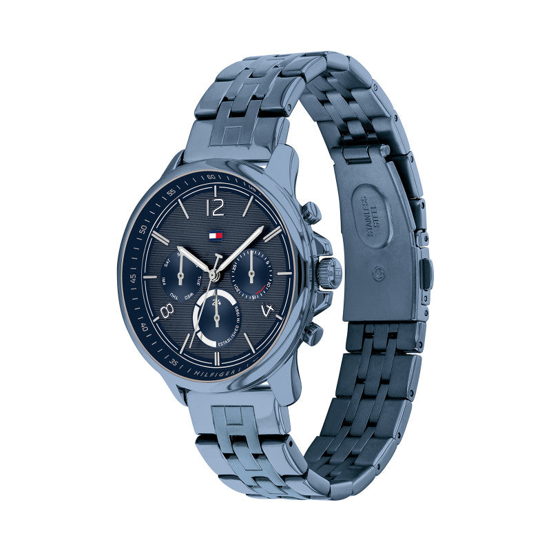 Tommy Hilfiger Harper multifunction women's watch displayed on-wrist with blue steel bracelet