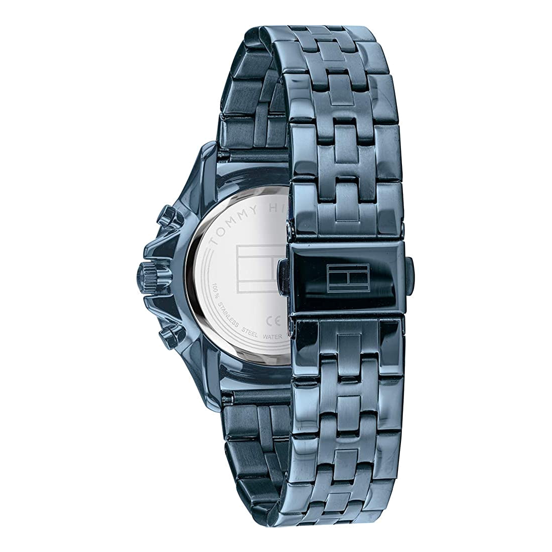 Side profile of Tommy Hilfiger Harper women's watch with steel case and linked bracelet