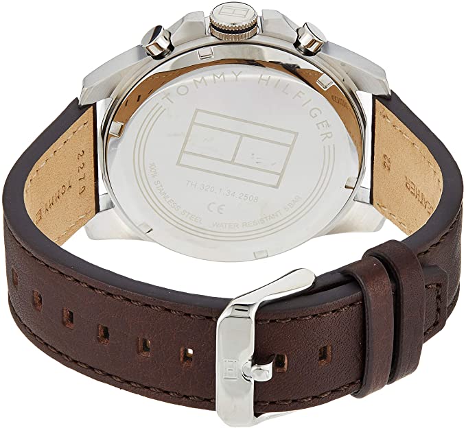 Case back of Tommy Hilfiger Iconic watch showing stainless steel back and brown leather strap