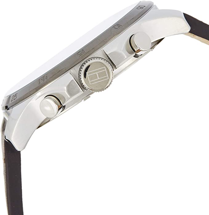 Side profile of Tommy Hilfiger Iconic watch showing chronograph pushers and brown leather strap