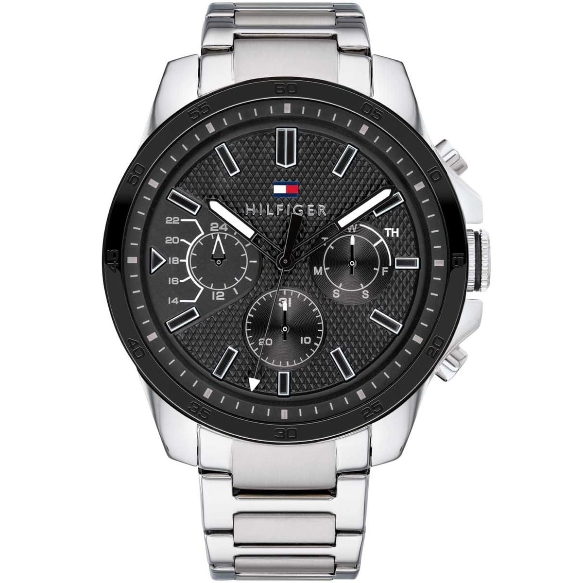 Tommy Hilfiger Iconic chronograph watch featuring black dial with subdials and steel bracelet