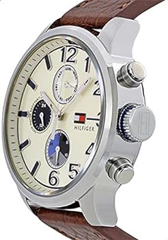 Tommy Hilfiger Jackson watch side view showing stainless steel case and brown leather strap