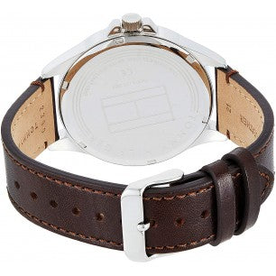 Tommy Hilfiger Jackson watch caseback showing stainless steel construction and brown leather strap