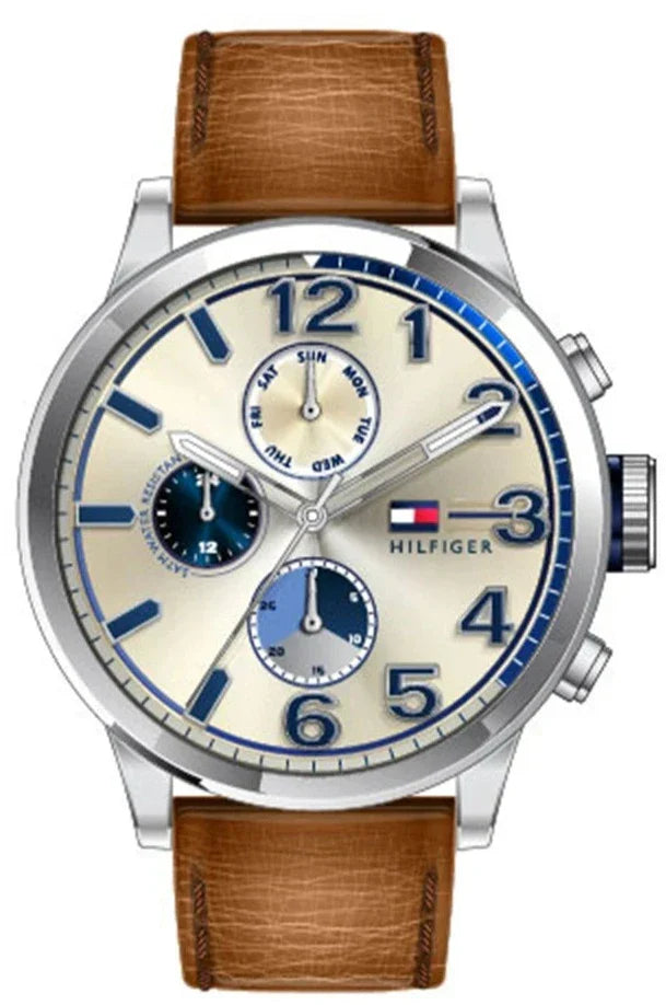 Tommy Hilfiger Jackson multi-function watch with silver dial, brown leather strap, stainless steel case