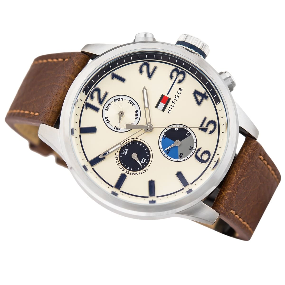 Tommy Hilfiger Jackson multi-function watch worn on wrist with brown leather strap