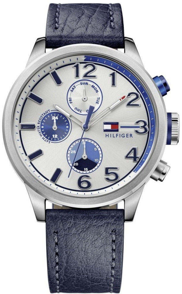Tommy Hilfiger Jackson watch with silver dial, blue subdials, and blue and red accent hands