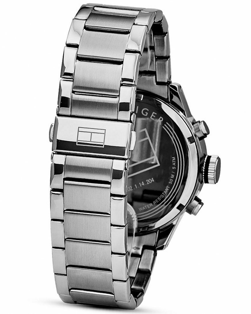 Tommy Hilfiger Jackson watch three-link steel bracelet and caseback detail