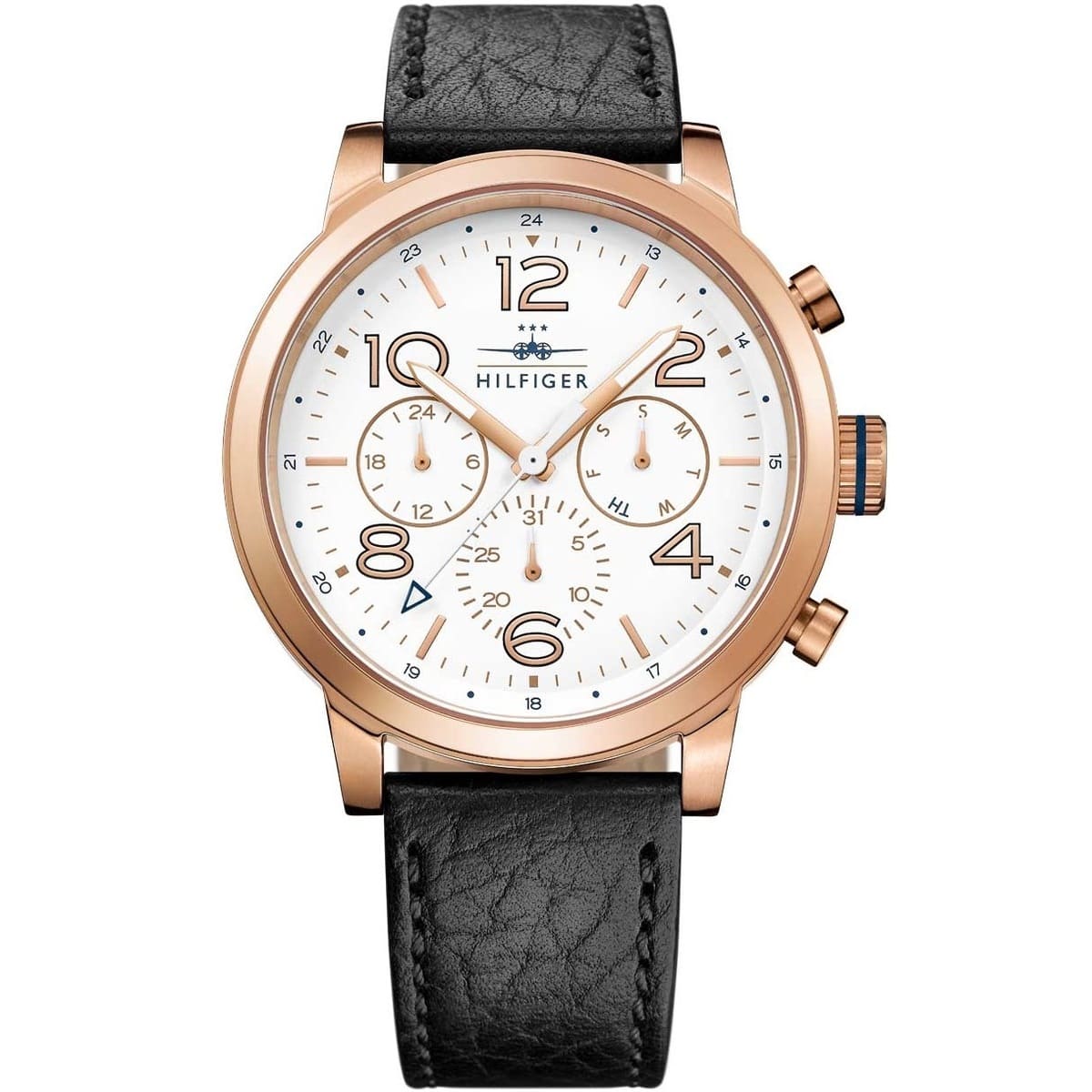 Tommy Hilfiger Jake white dial chronograph watch with rose gold case and black leather strap